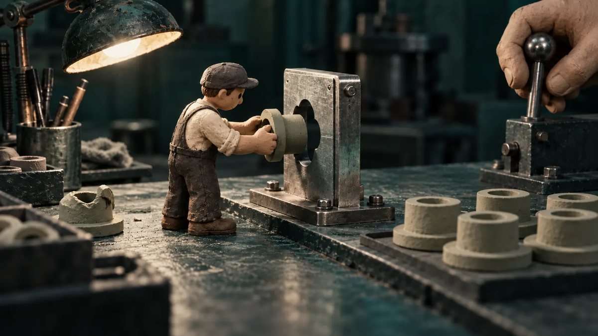A clay worker at a dark teal workbench checks a part against a fixed metal gauge while a separate hand holds a stop lever. AI-generated illustration.