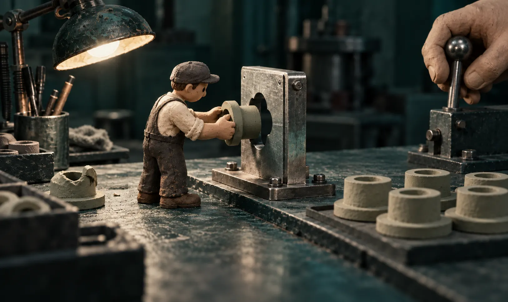 In a dark teal workshop, a cream-clothed clay worker checks a component against a fixed pewter gauge while a separate hand holds the stop lever.