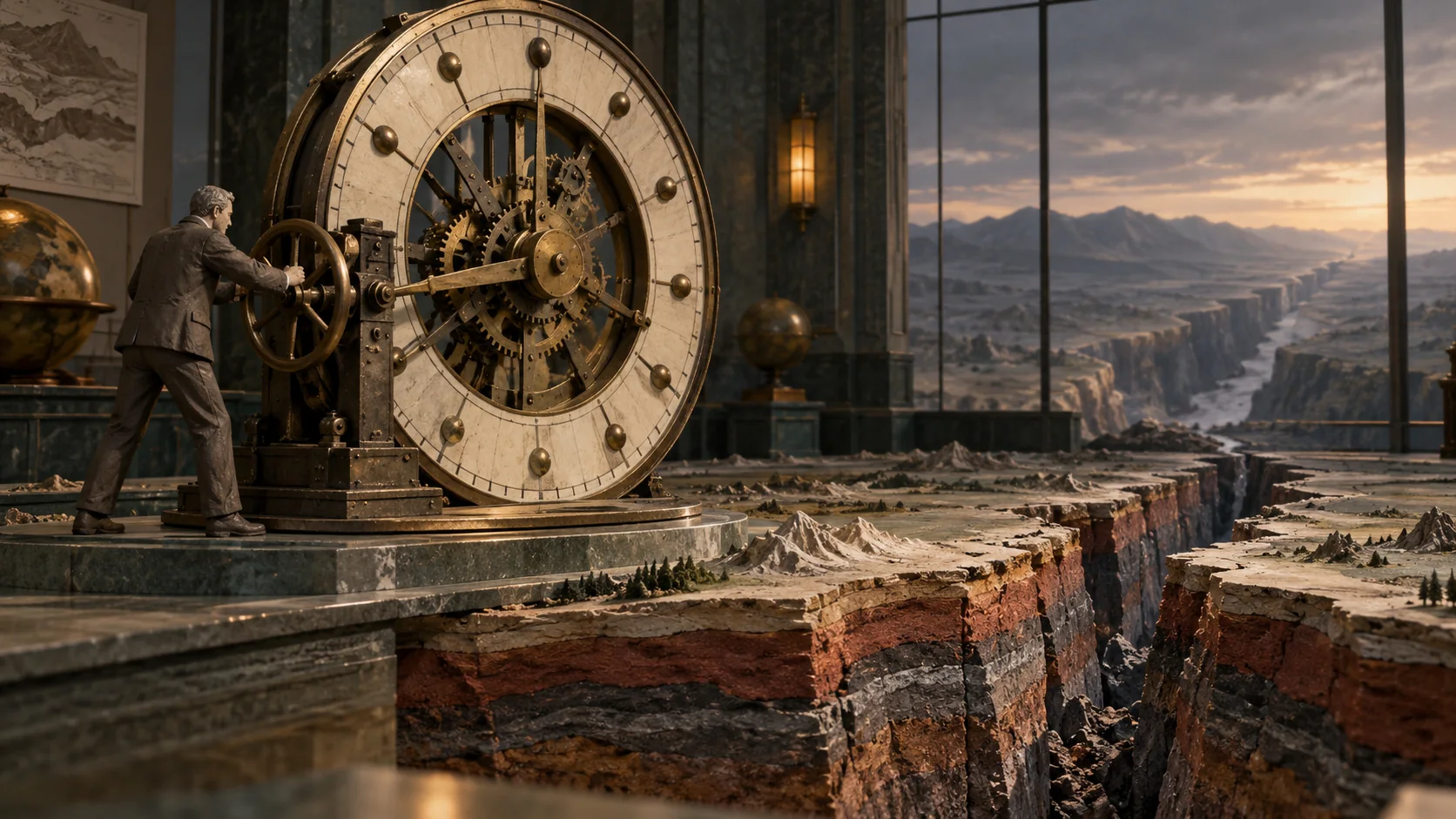 A clay figure turns the dial of a business-cycle clock as tectonic plates shift permanently apart