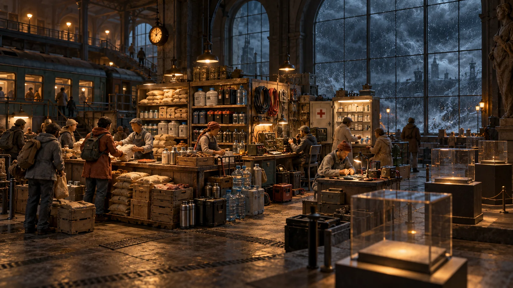Clay operators run a compact indoor depot distributing food, energy batteries, compute servers, and water