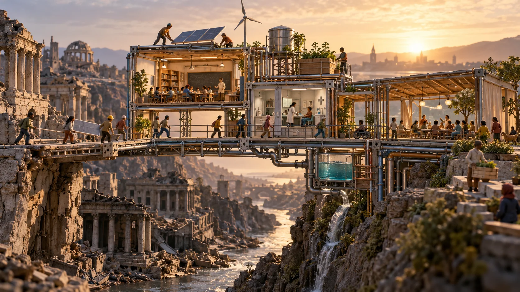 A collaborative crew of clay builders erects an open modular civic pavilion spanning a chasm at dawn