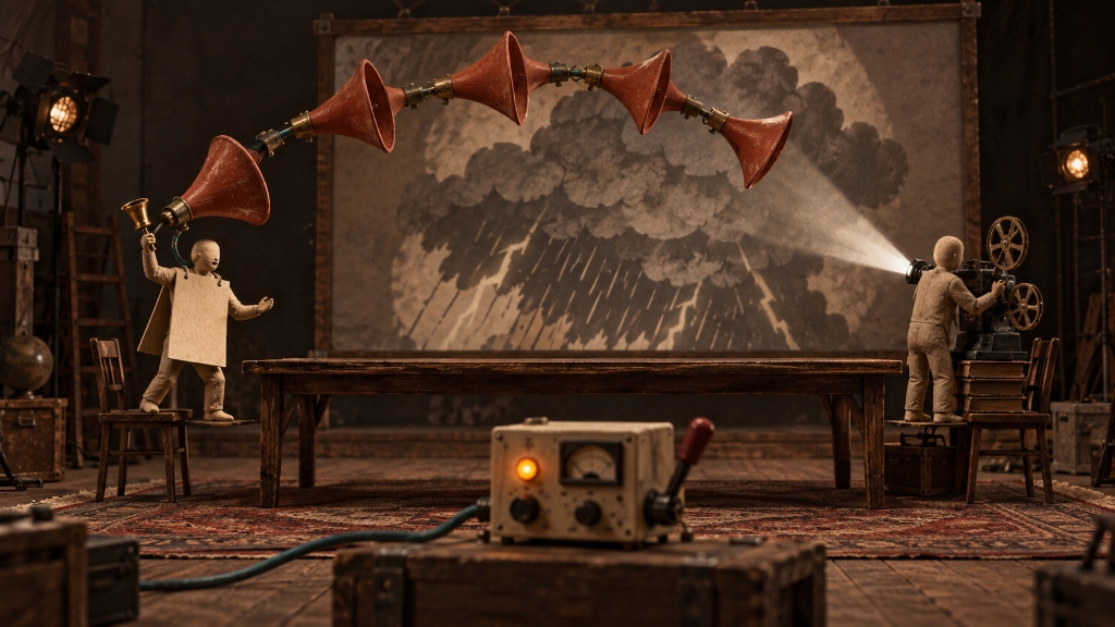 A vintage bunker with an analog film projector casting a mushroom cloud onto a theater screen