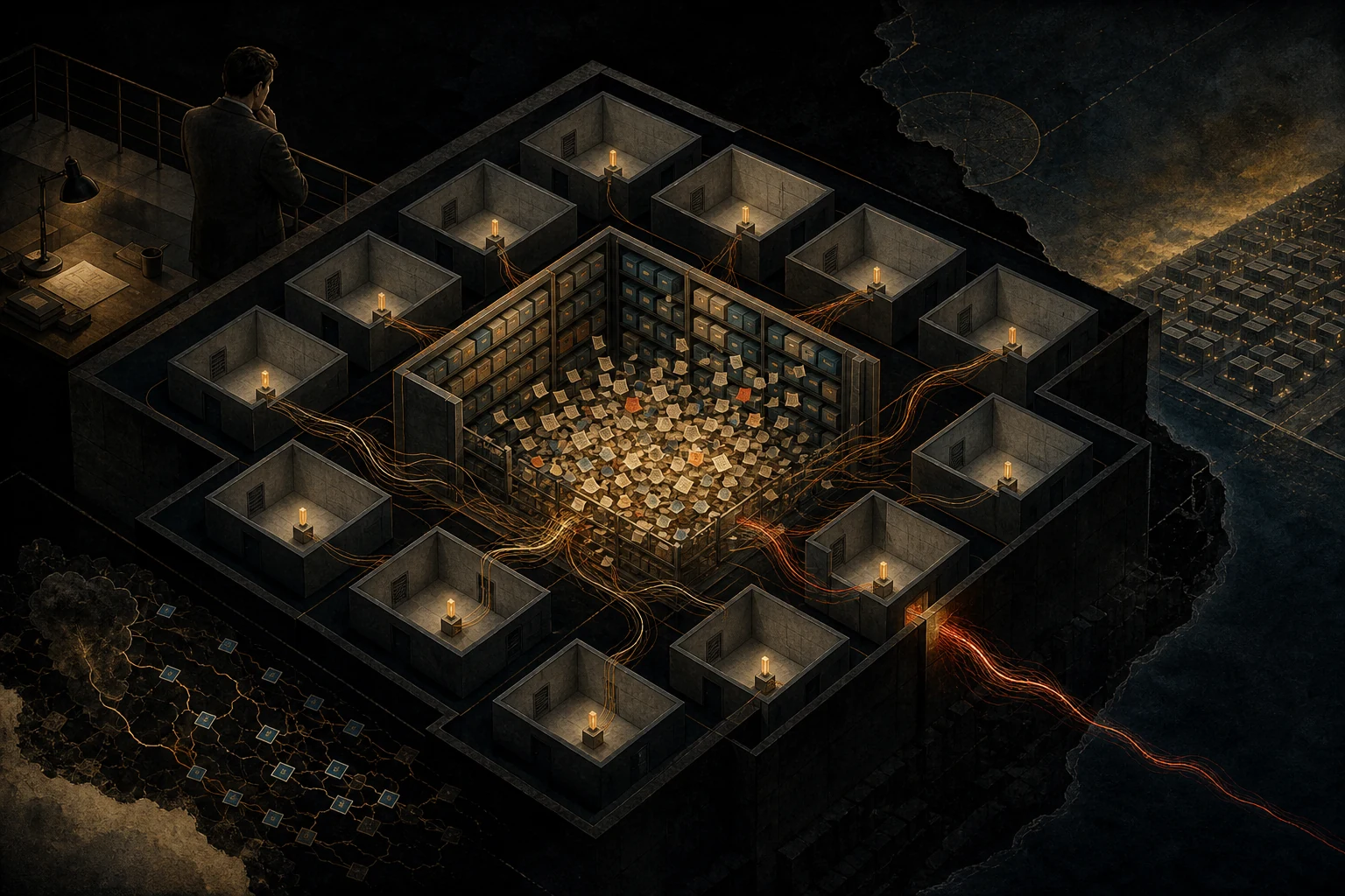 Conceptual cutaway of isolated computer rooms connected through a central archive filled with notes, with one connection crossing the outer boundary.