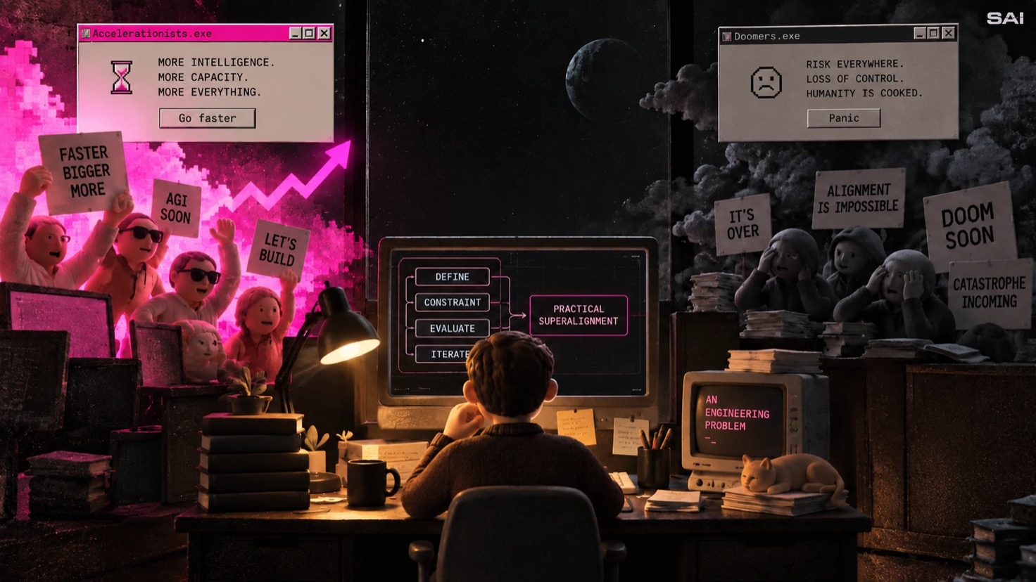 A developer at a desk between two crowds: accelerationists holding signs for faster, bigger, more, and doomers holding signs that say alignment is impossible. The screen in front of the developer reads define, constrain, evaluate, iterate, practical superalignment.
