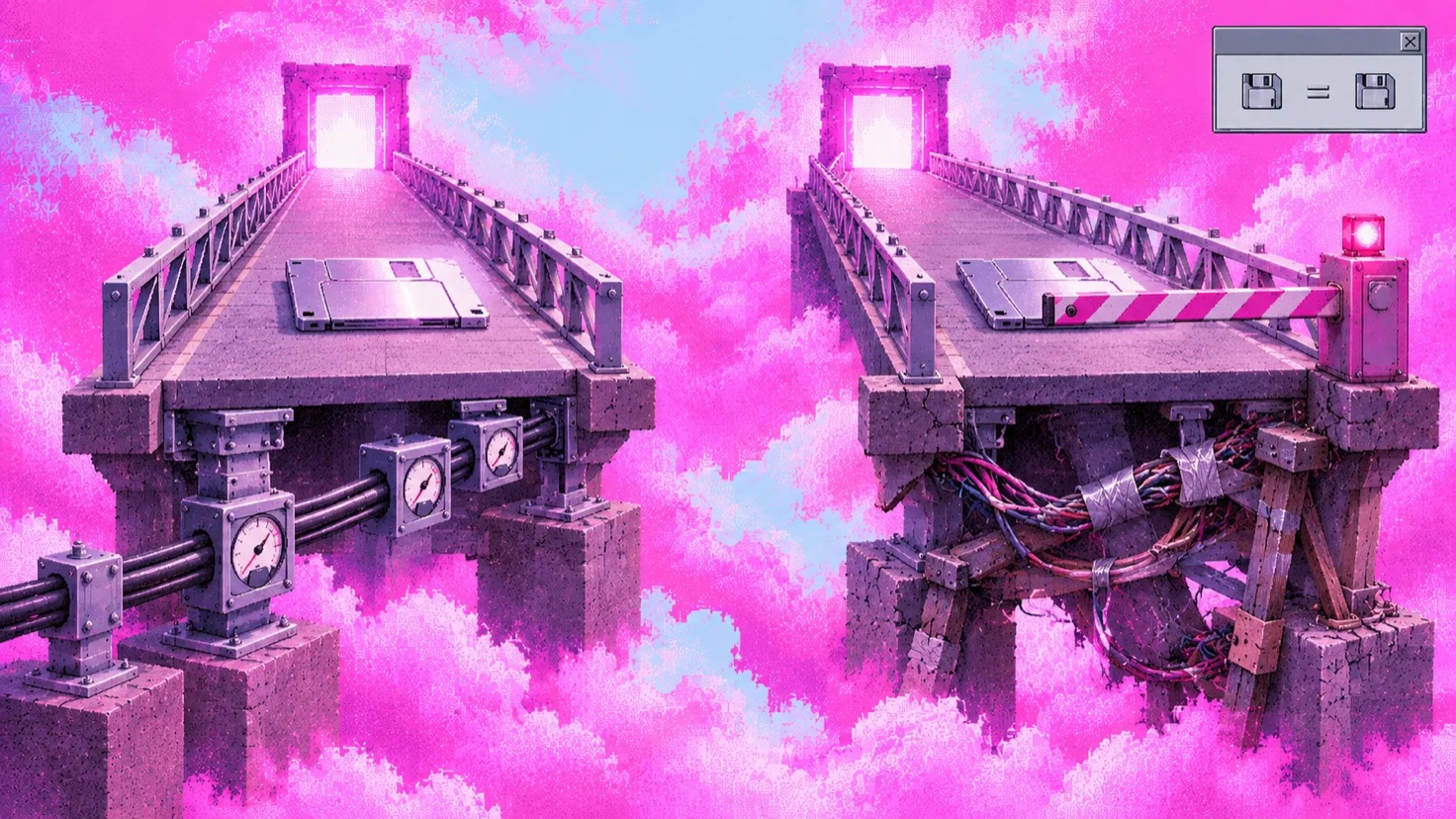 Two identical bridges each carrying the same floppy disk. One rests on instrumented supports with gauges; the other on taped cables and wooden braces, behind a closed barrier.