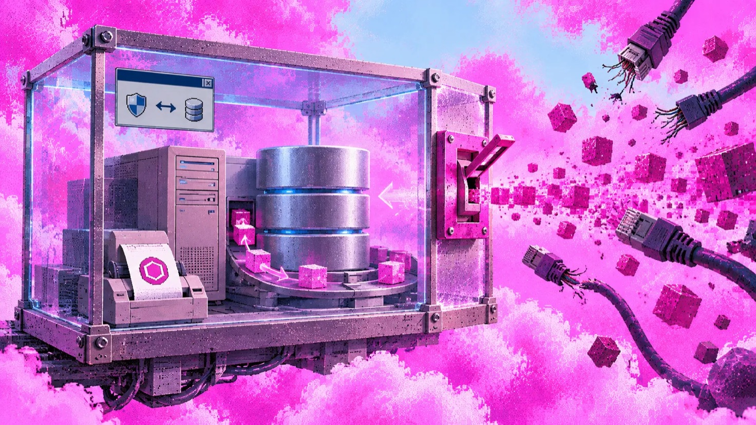 A database sealed inside a glass enclosure with a receipt printer and a kill switch, while cut network cables and scattered data blocks drift outside it.