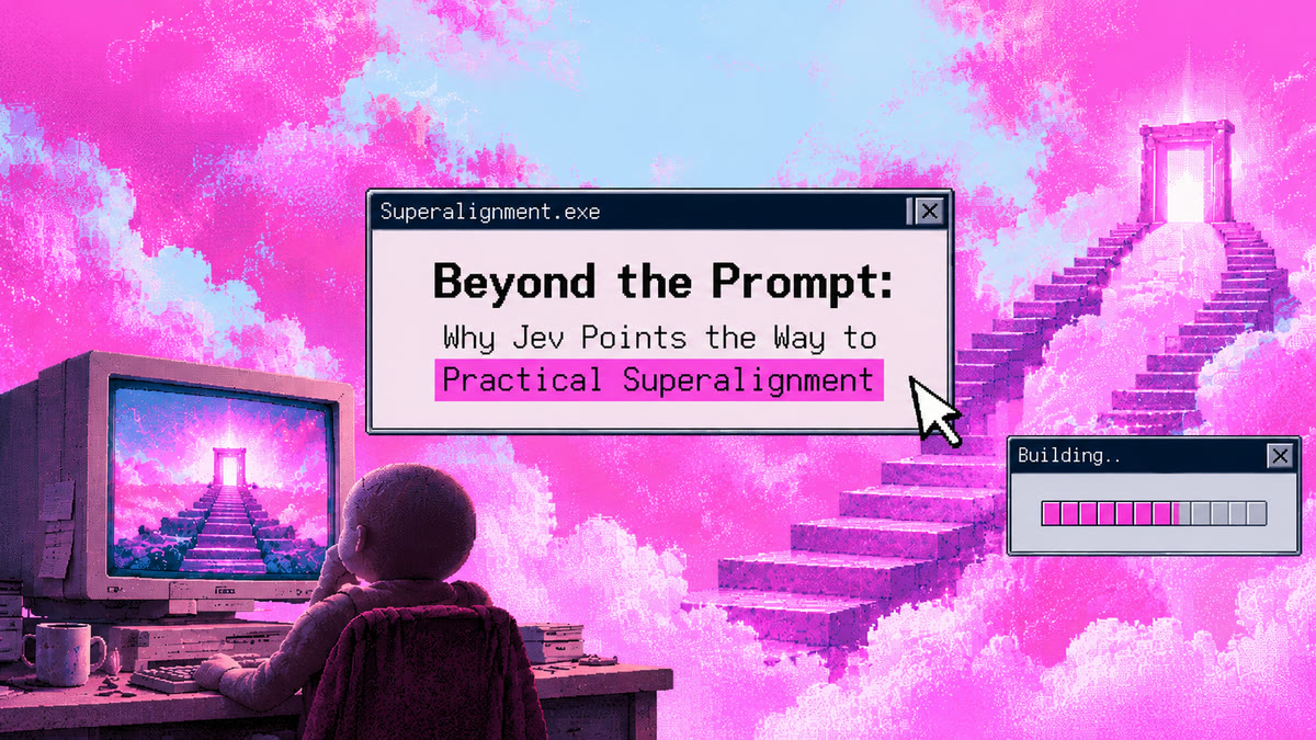 Retro computing terminal running Superalignment.exe and a building progress bar against a pink cloudscape with stairs leading to an open portal. AI-generated illustration.