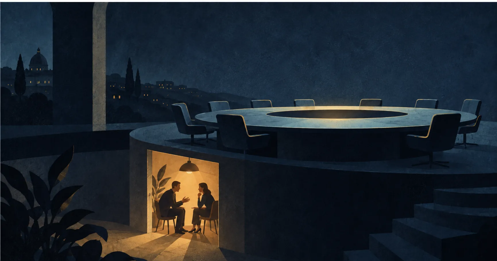 A round conference table above two people in conversation at night