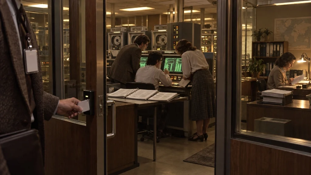 Independent evaluators with employee-level access: researchers inspecting mainframe consoles directly beside lab engineers.