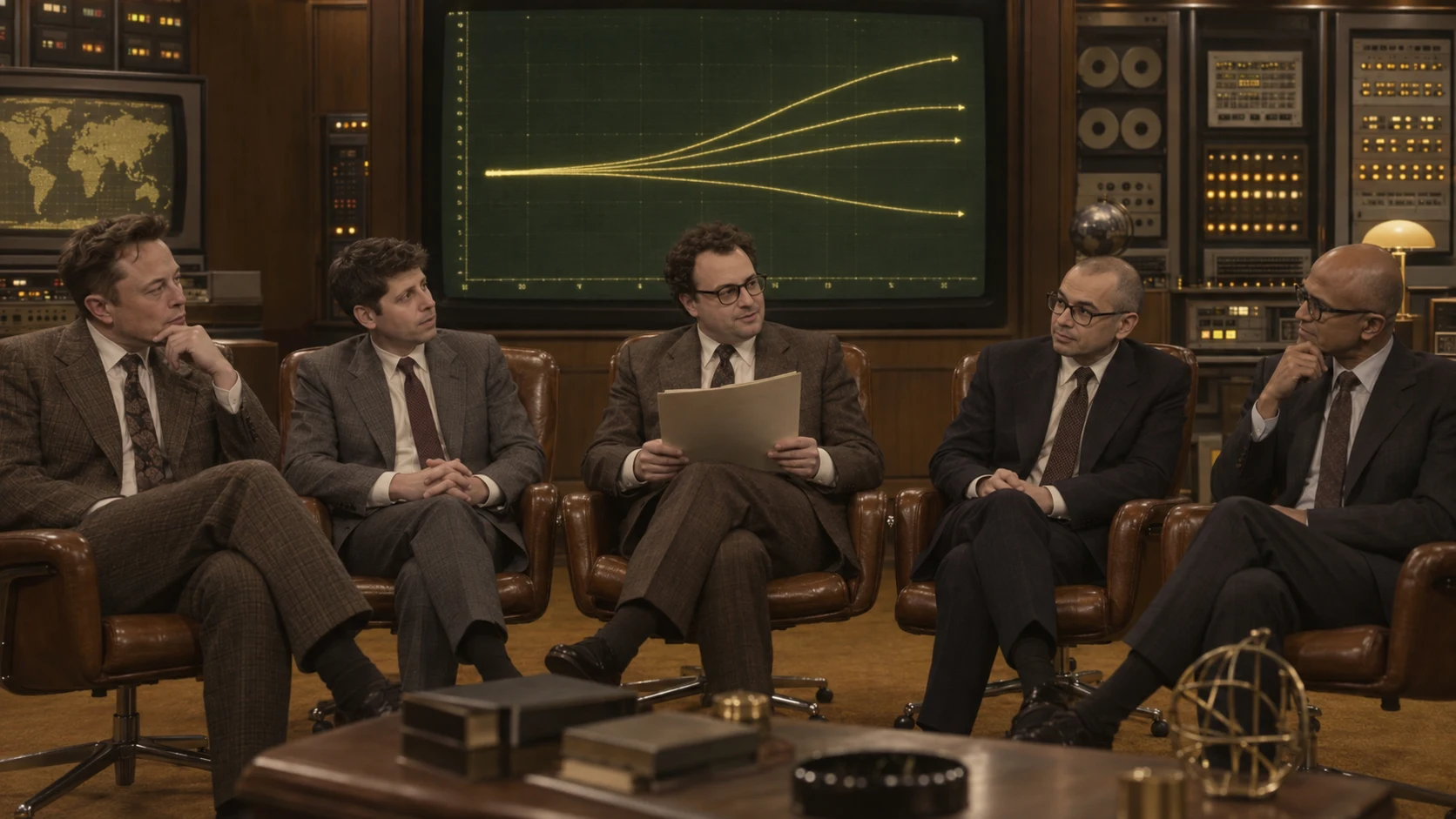 Rival consensus: all five leaders in a satirical 1980s tableau, with diverging trajectories behind them.