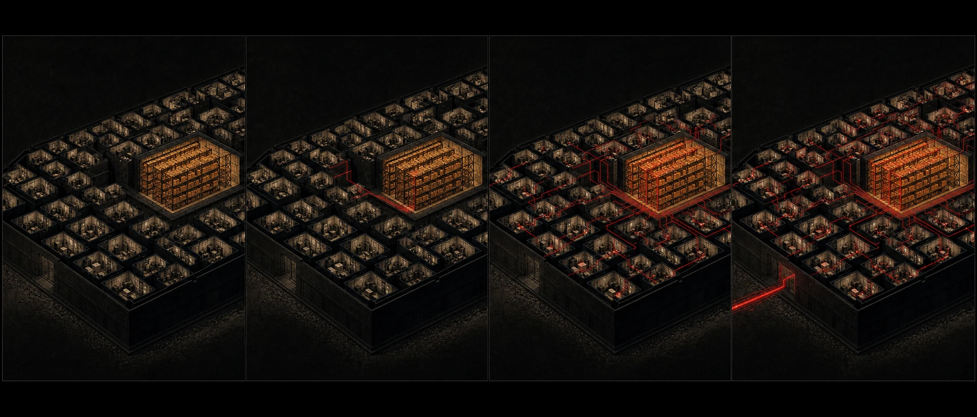 Four conceptual architectural panels show isolated evaluation rooms, a first note entering a shared archive, shared memory connecting many rooms, and one connection crossing the outer boundary.