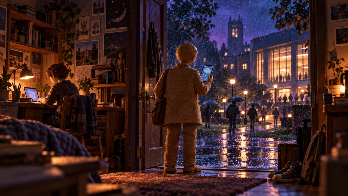 A figure stands in a dorm doorway in the rain, holding a phone that shows a clear diagram, while a lit lecture hall glows across the courtyard.