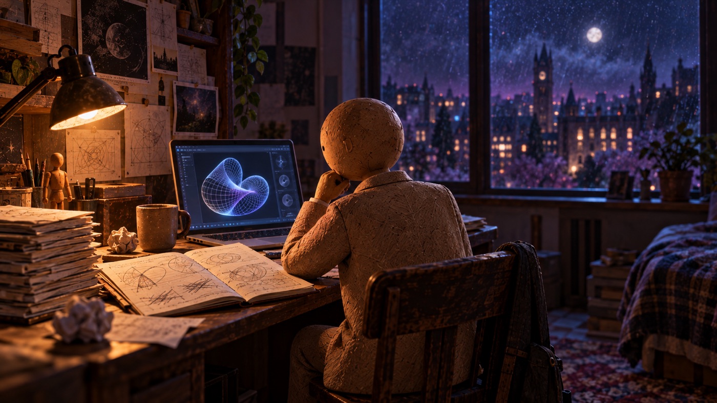 A figure at a worn desk at night, looking between a bright laptop showing a finished diagram and a notebook of crossed-out attempts.