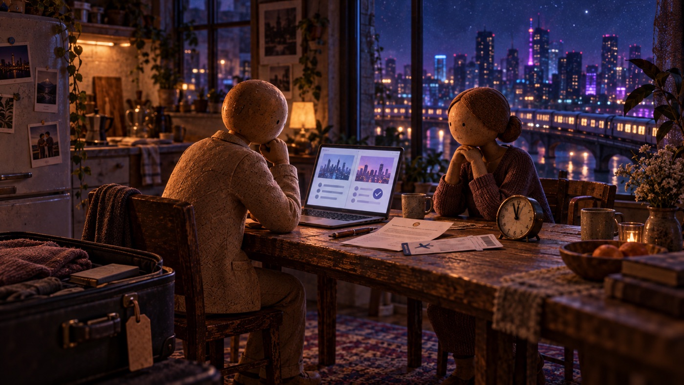 A figure at a kitchen table near midnight with a half-packed case, a laptop showing a clear recommendation, a printed offer, and someone across the table waiting.