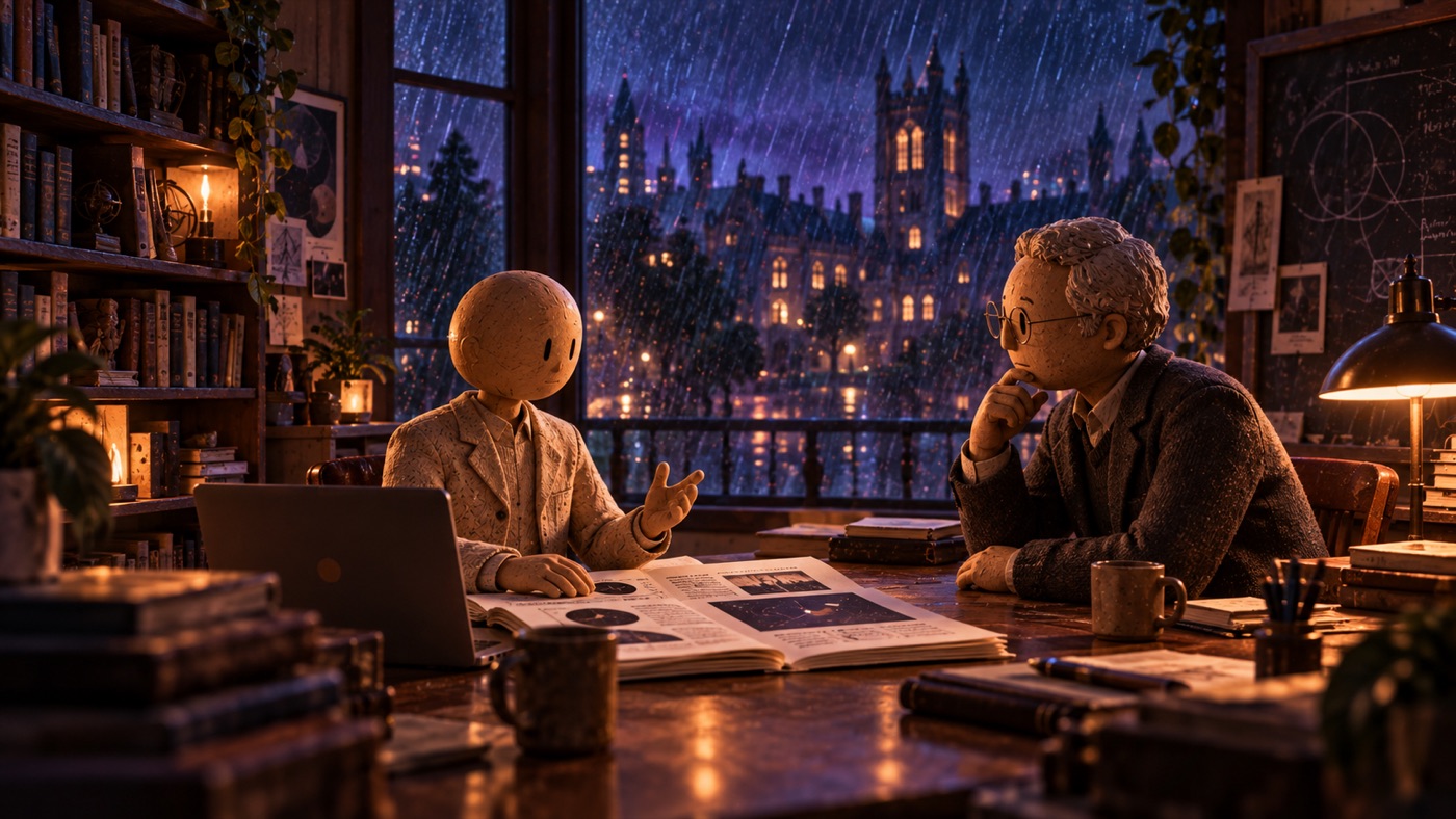 A figure defends an argument across a wooden table from an attentive mentor, a laptop and printed pages between them, rain on the windows.