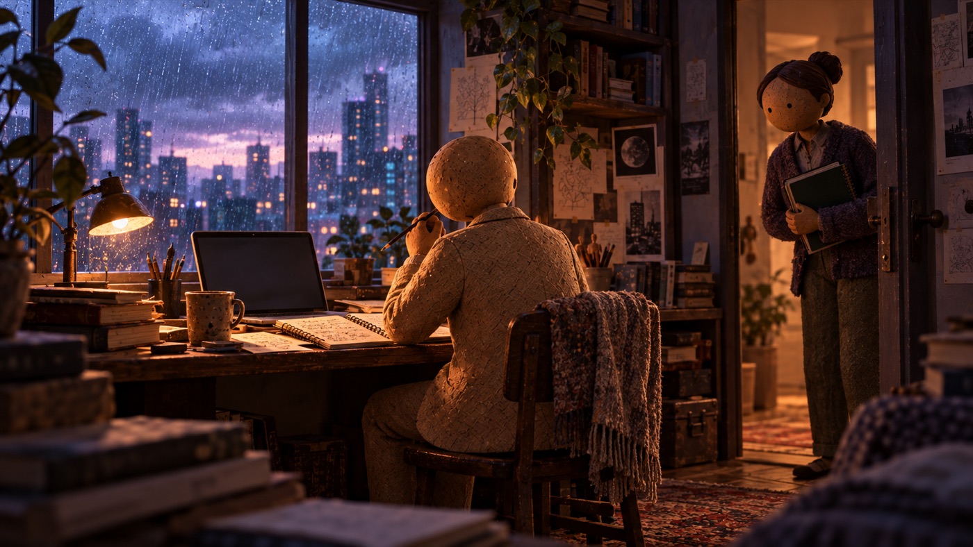 A figure at a desk in ordinary morning light working from handwritten notes beside a dimmed laptop, while another person arrives at the doorway with a notebook.