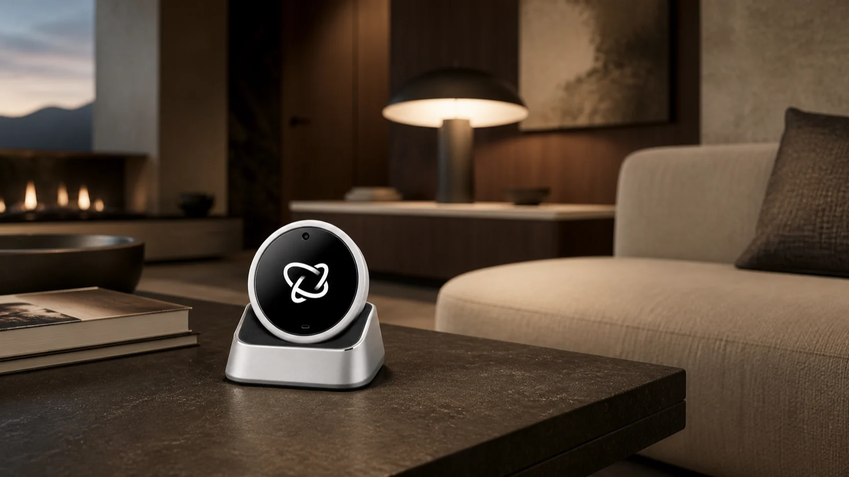 An editorial visualization of the Attaché Totem resting in its dock on a dark stone desk before dawn.