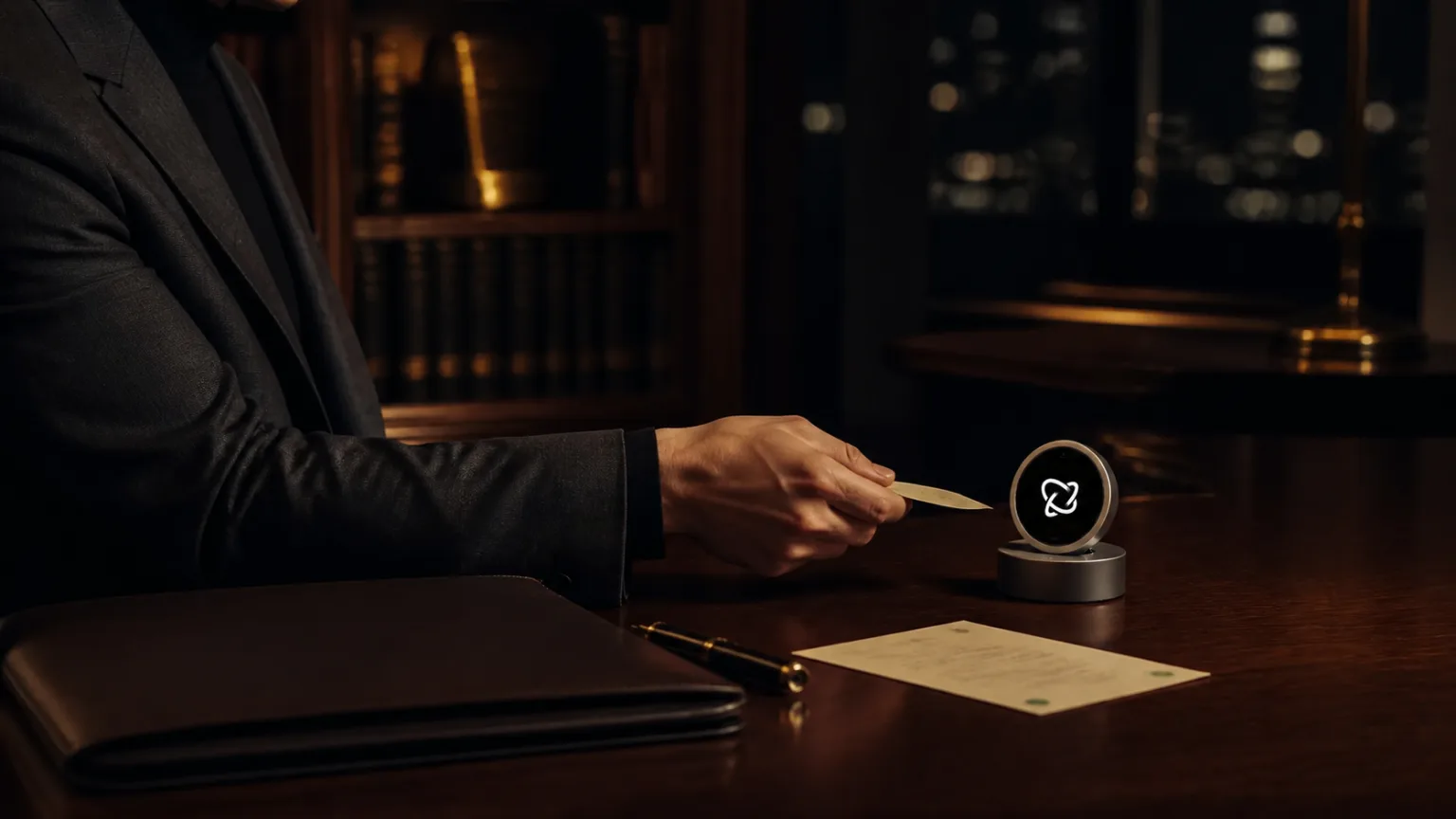 An anonymous principal closing the day with a deliberate note beside a docked Attaché Totem in a private library.