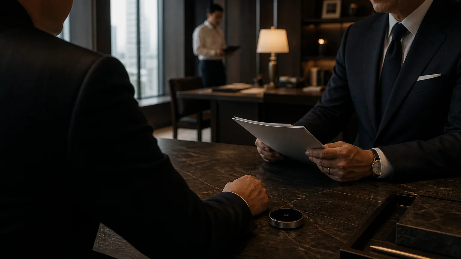 An anonymous principal and chief of staff reviewing an approved brief in a dark private office.