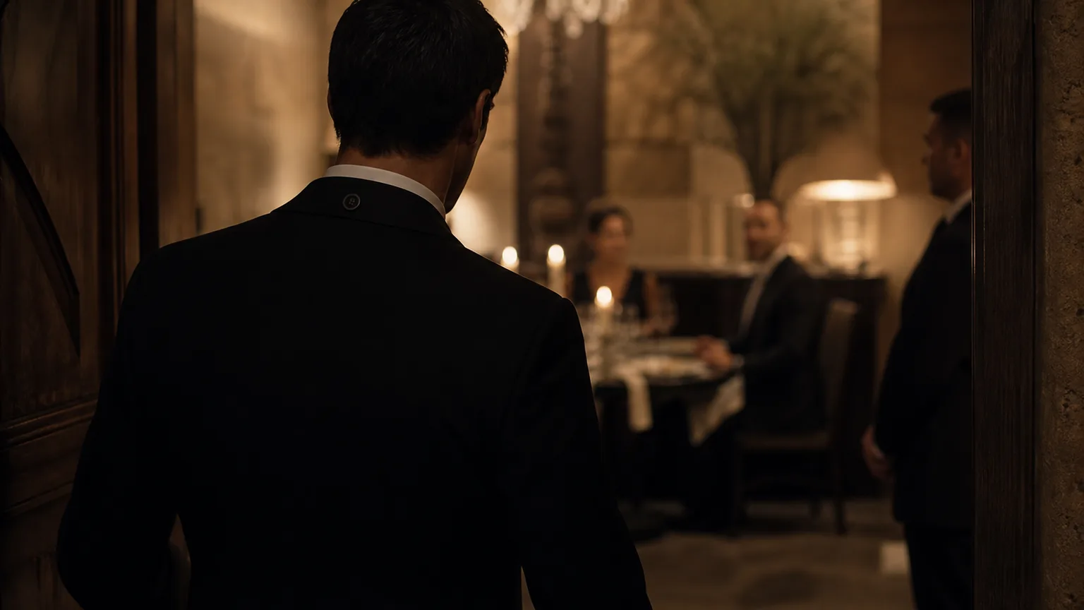 An anonymous principal entering a warmly lit private dinner with the Attaché Totem worn discreetly at the collar.