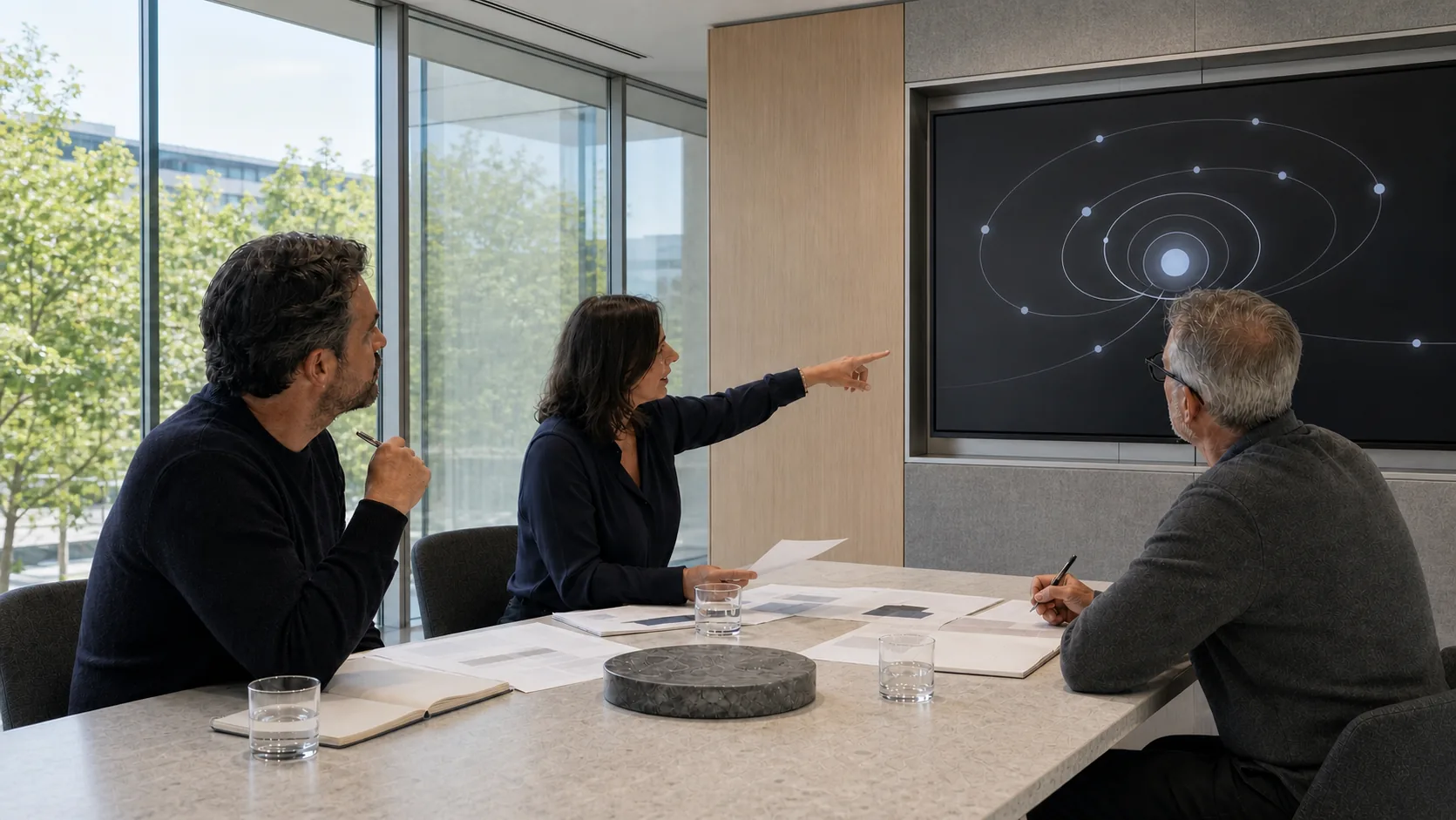 Three expert evaluators reviewing a context graph in a bright, natural-material workplace.