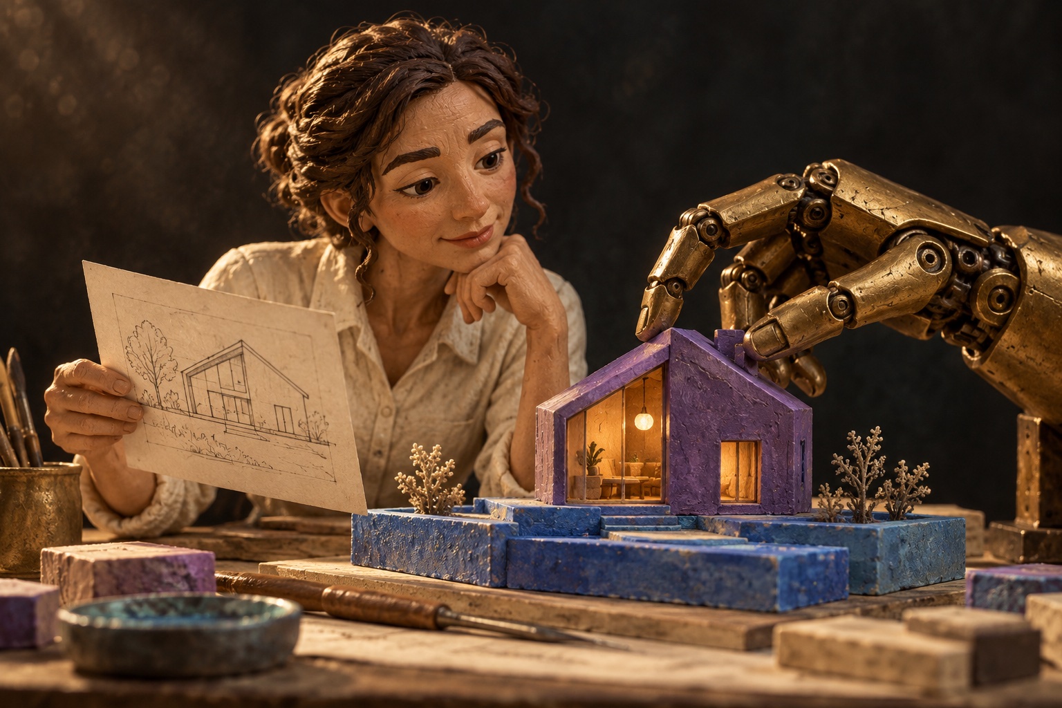 A clay architect checks a miniature house assembled by a mechanical hand. AI-generated conceptual illustration.