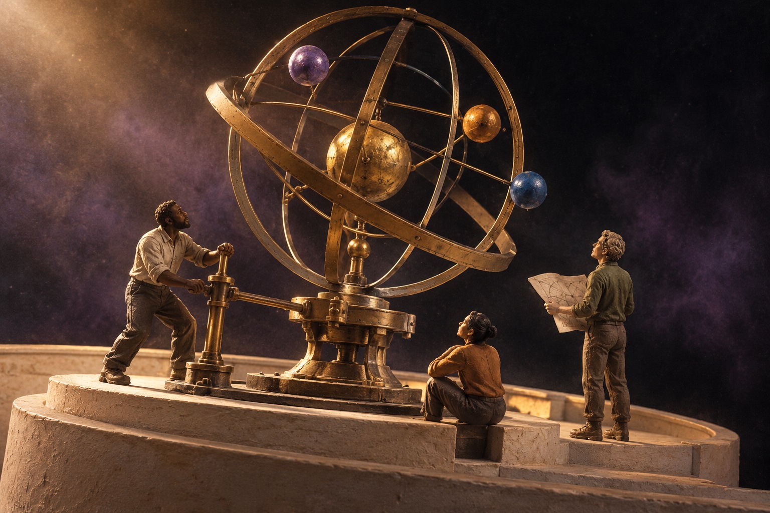 People collaboratively steering a brass orbital apparatus.