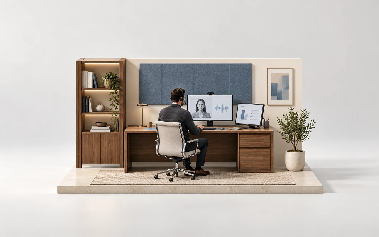 AI-generated miniature of an insurance trainee practicing a customer conversation at a desk.