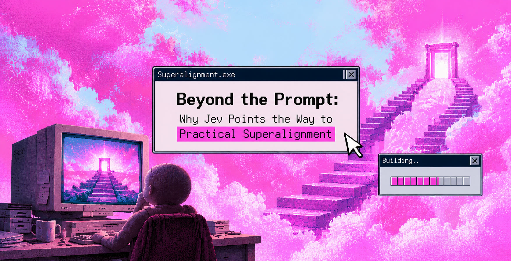 Retro computer in a pink cloudscape. AI-generated illustration.