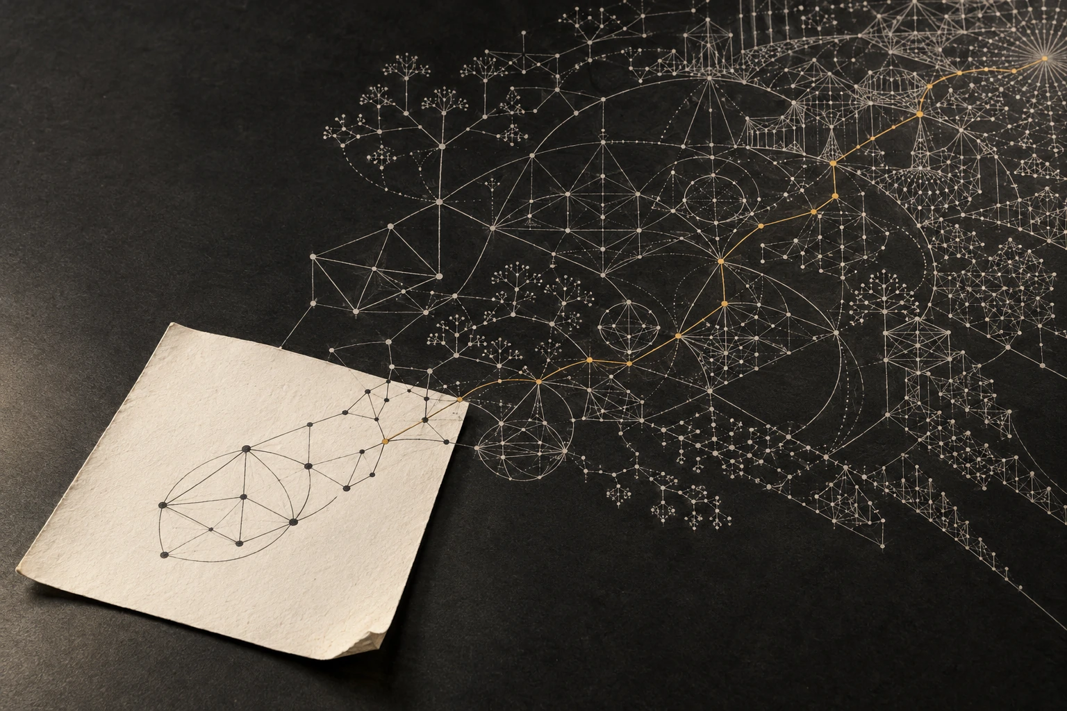 An abstract network of mathematical connections with an amber path.