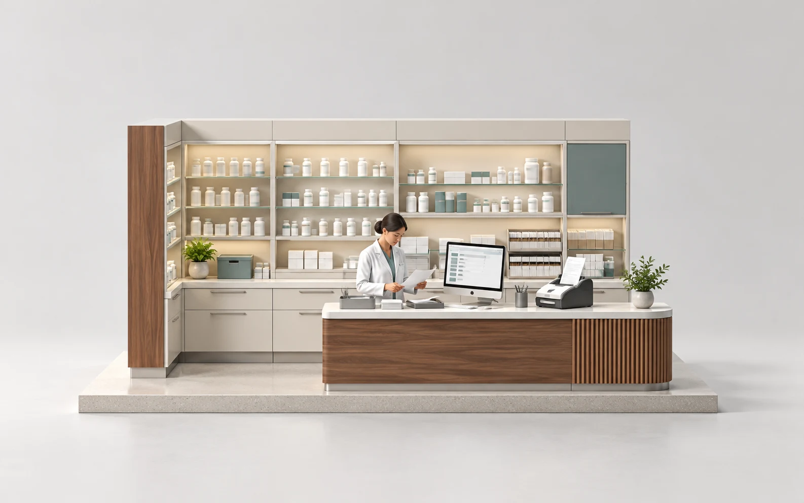 AI-generated miniature of a pharmacist reviewing prescription records at a pharmacy counter.
