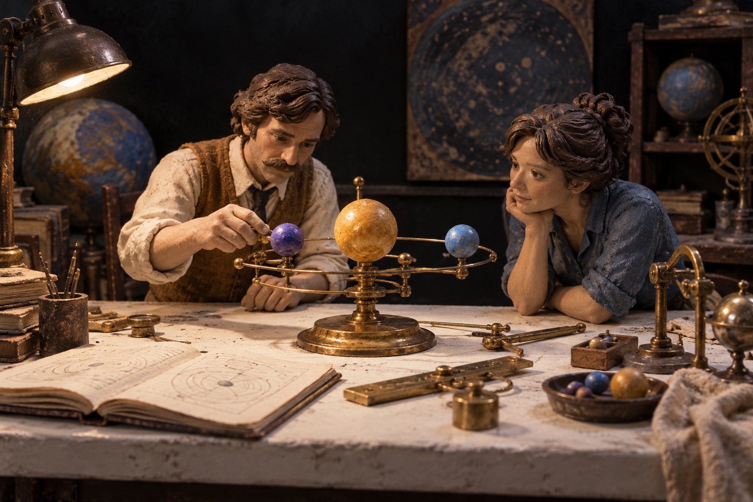 Clay researchers testing a three-body apparatus in a miniature workshop.