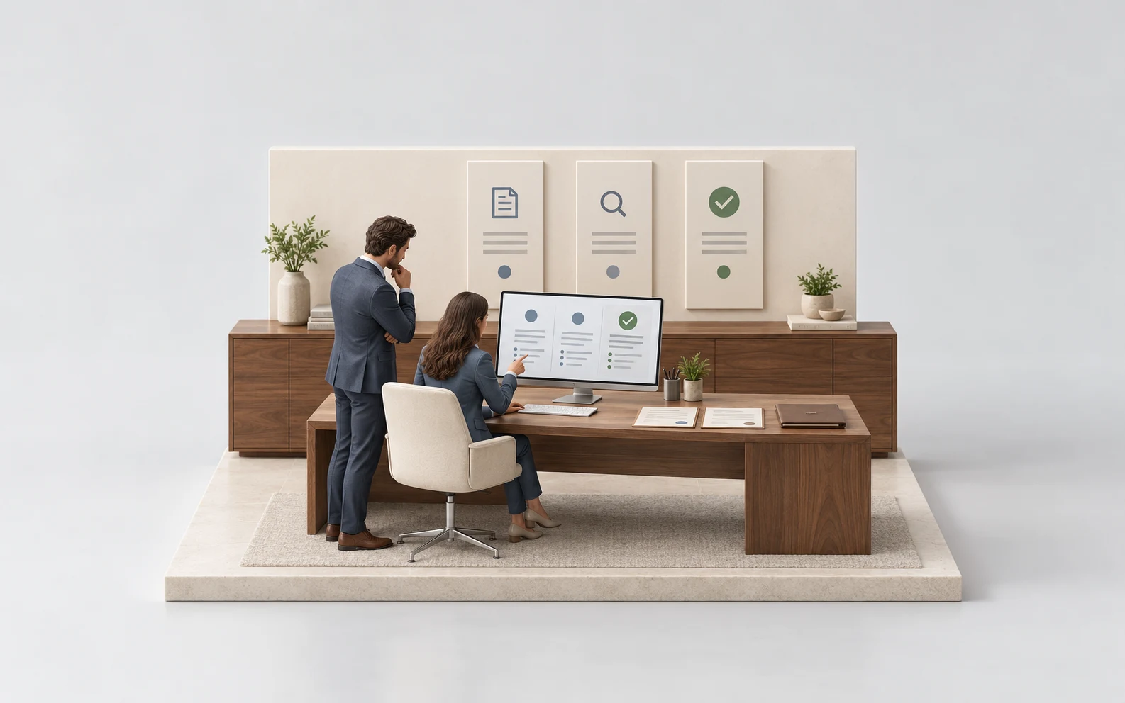 AI-generated miniature of two colleagues reviewing software renewal offers and contracts.