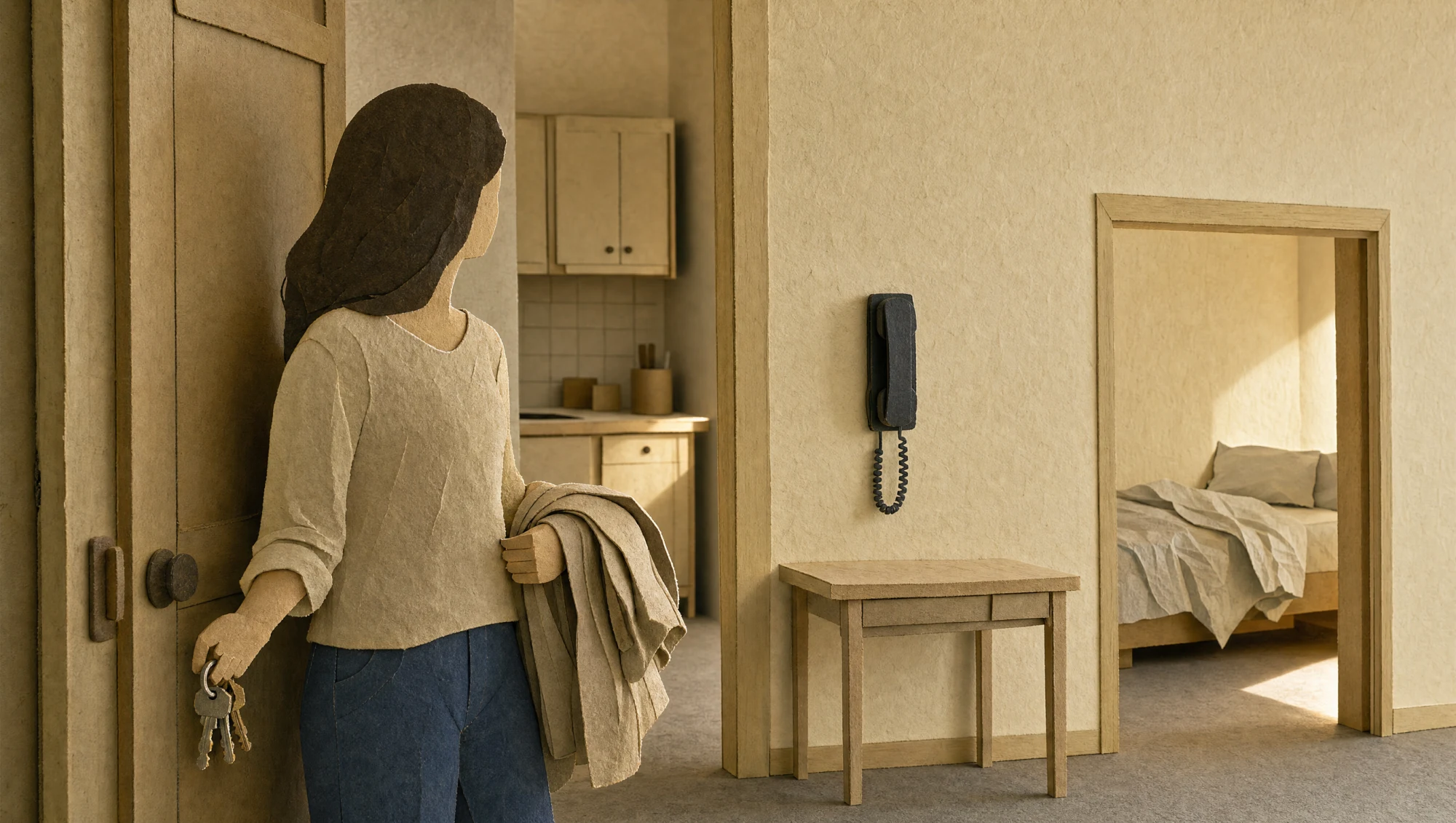 An original paper diorama of a small apartment seen from its open front door in morning light. An anonymous young woman in matte cotton stands half-turned in the doorway with keys and a folded jacket, her head turned away so no face shows. Behind her a wall telephone rests on its hook, and a further doorway shows the corner of an unmade second bed. Nothing in the frame is glossy or red, the two materials this set keeps for the machine.