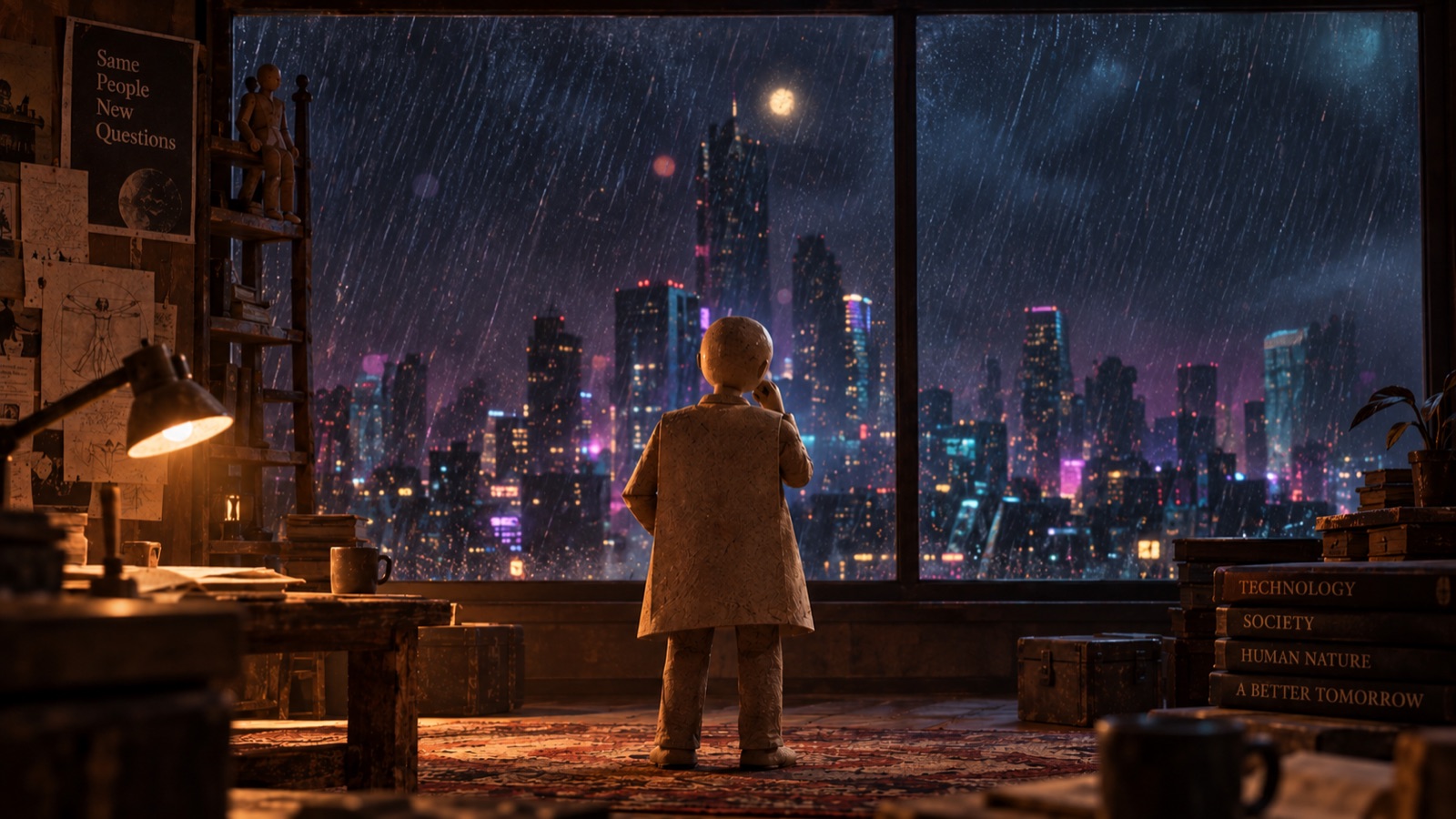 A person looking toward a city in the rain.