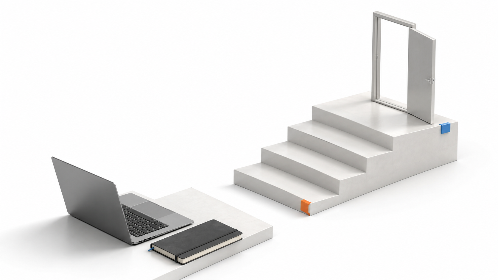 An unbranded laptop and notebook face a short intact staircase whose first connecting step is missing, with an open doorway beyond.