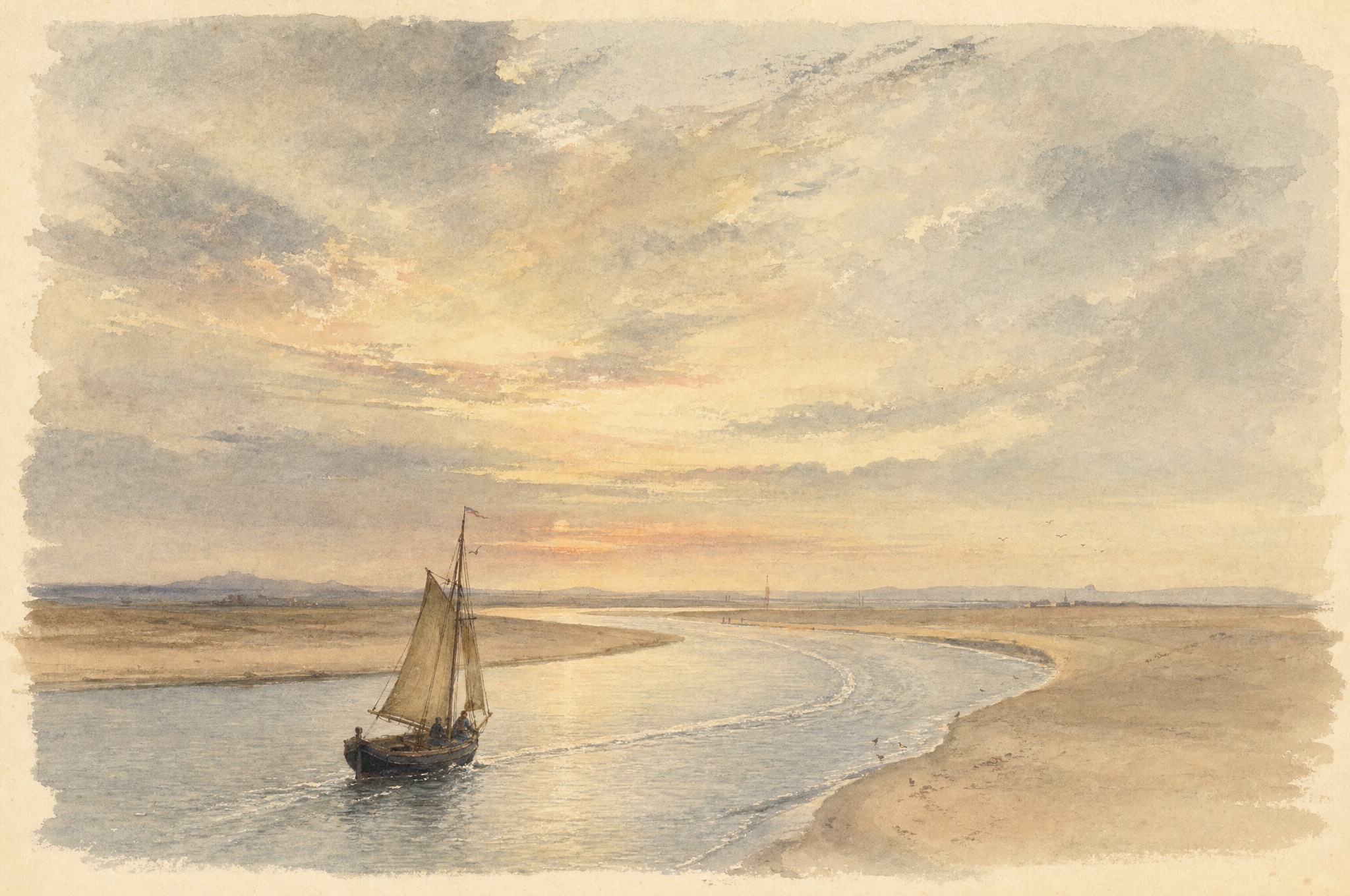 Watercolour of a small sailboat holding its heading in a winding estuary channel under a vast evening sky, its wake tracing a long continuous curve between sandbanks.