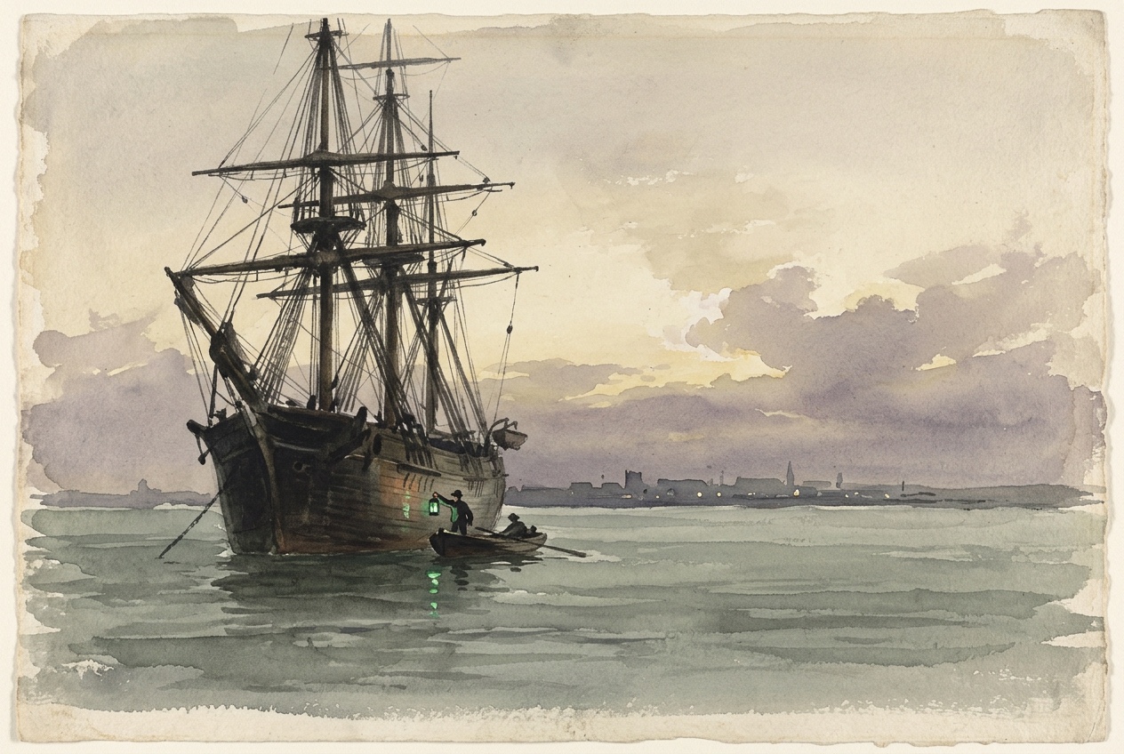 Watercolour of a small rowing boat carrying an inspector with a lantern alongside a towering anchored ship at dusk on a grey-green estuary.