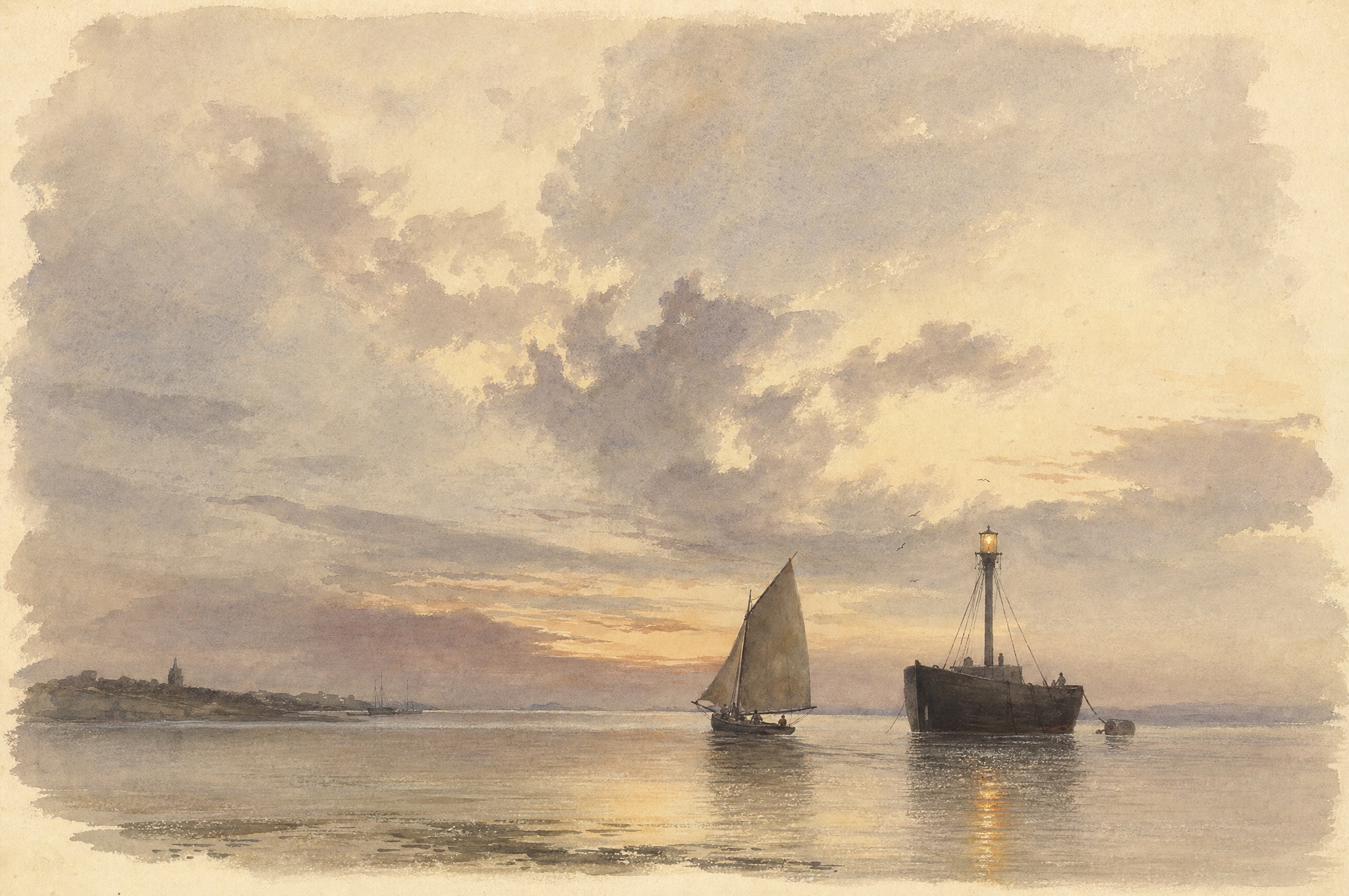 Watercolour of a wide calm estuary at dusk; a small sailboat trims its course near an anchored inspection vessel with a single lit lantern, open water beyond.