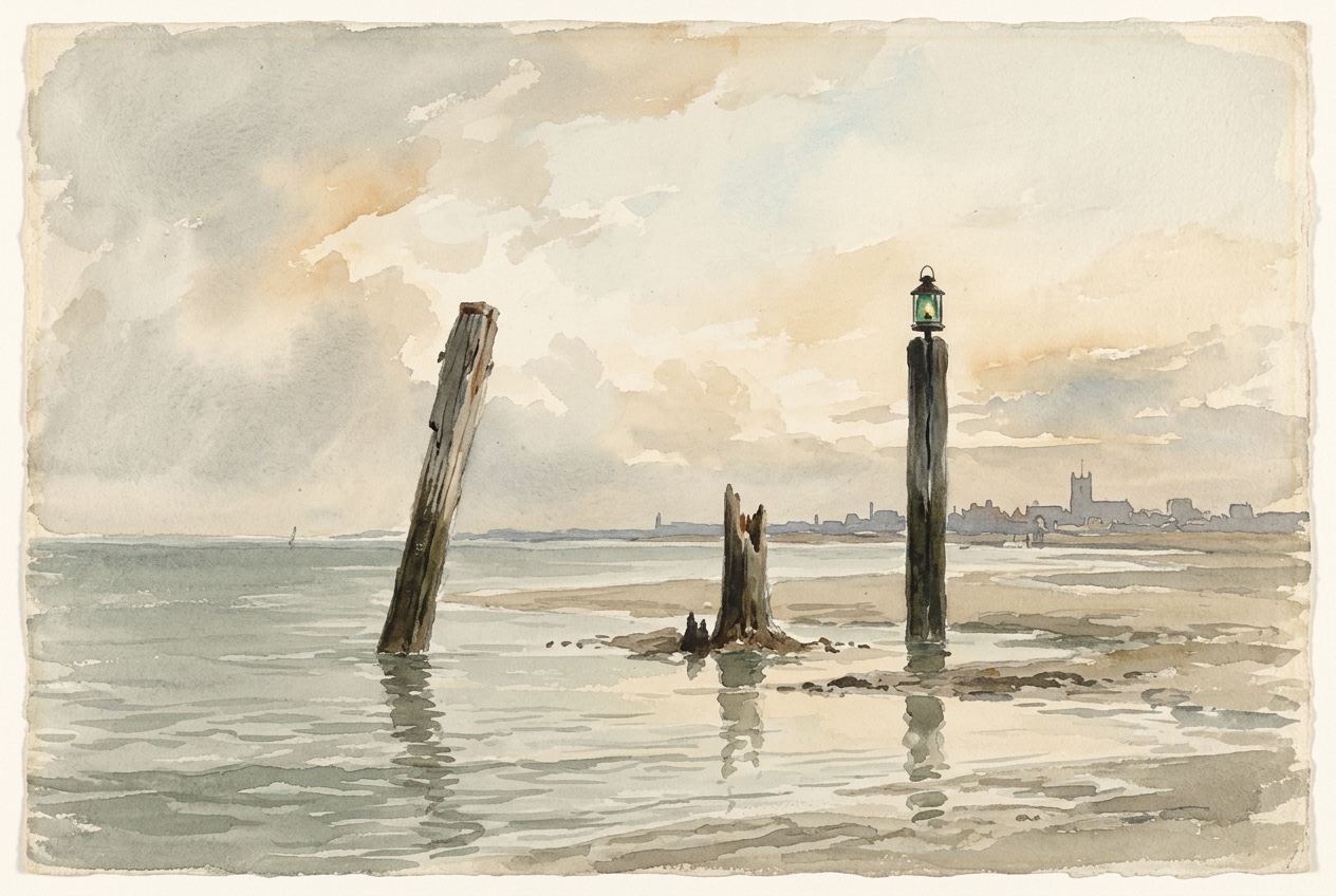 Watercolour of three harbour channel markers in a row on a calm estuary at low tide, one leaning, one broken at the waterline, one upright with a faint green lamp.