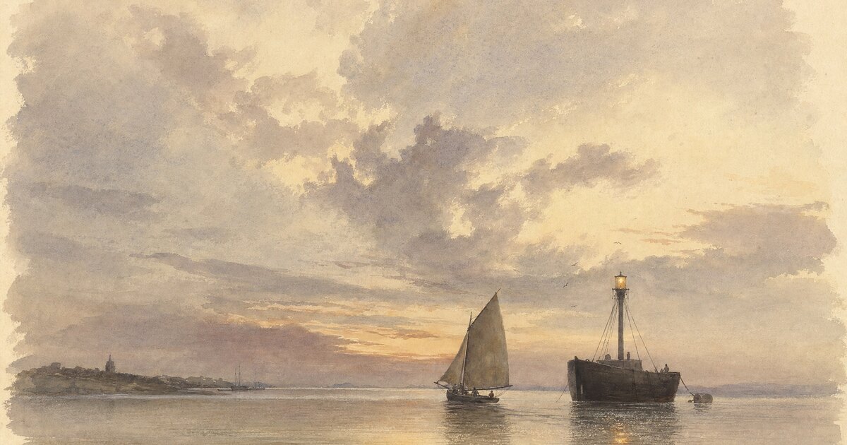 Watercolour of a wide calm estuary at dusk; a small sailboat trims its course near an anchored inspection vessel with a single lit lantern, open water beyond.