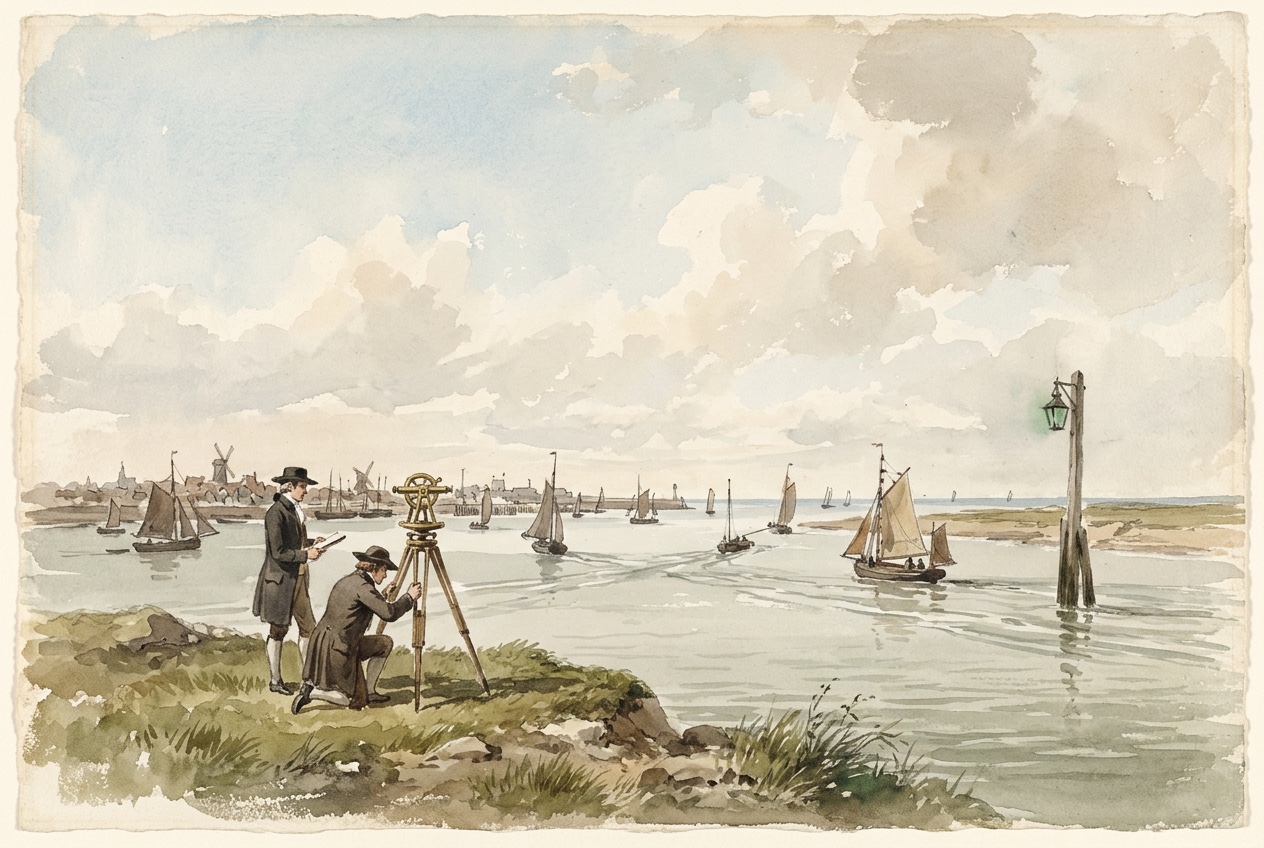 Watercolour of two surveyors with a theodolite on a grassy headland overlooking a wide estuary, where many small sailing boats take different courses toward the same open sea past a green harbour lamp.