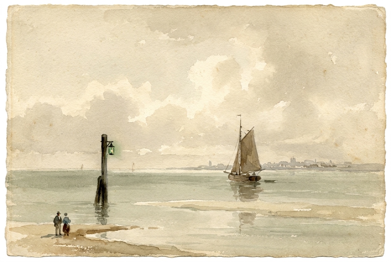 Watercolour of a calm estuary; a small sailboat heads for open water past a green harbour lamp on a wooden post, a pale sandbank just beneath the surface ahead, while two figures watch from a sandy spit.