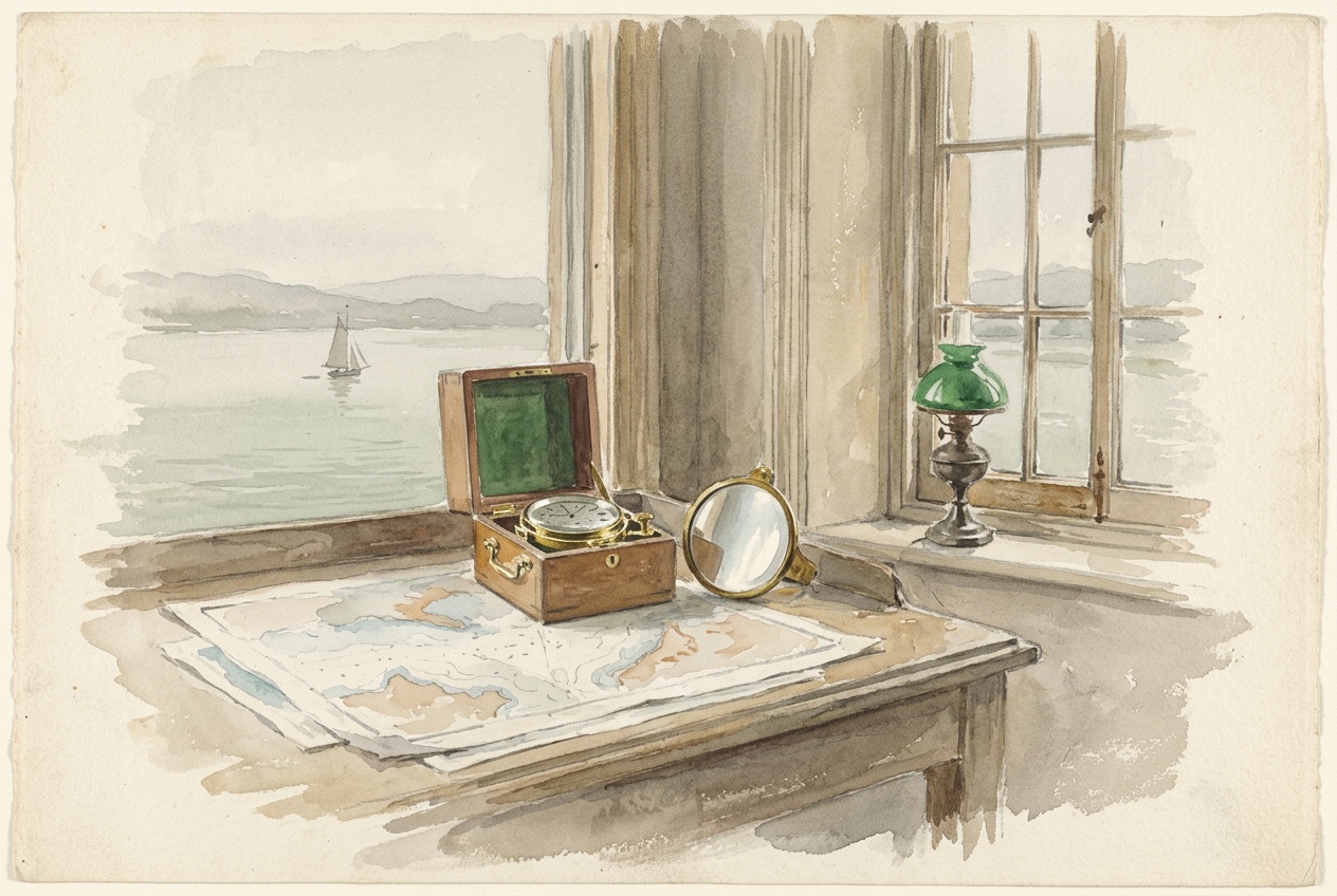 Watercolour of a ship's chronometer and a signal mirror laid on a chart table beside a window overlooking a grey-green estuary.