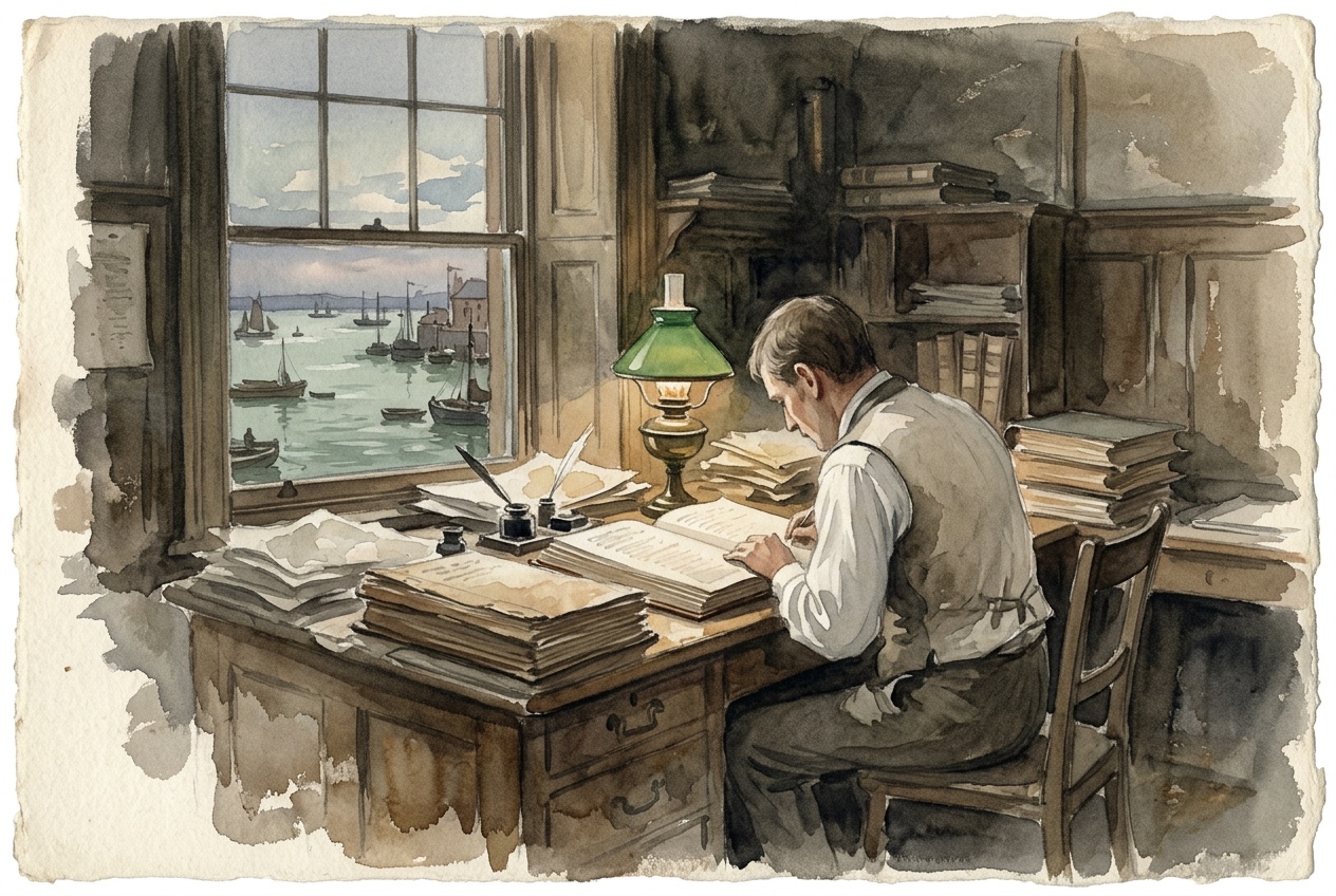 Watercolour of a harbourmaster's office overlooking an estuary, where a clerk works through a tall stack of ledgers by the light of a green-shaded lamp.