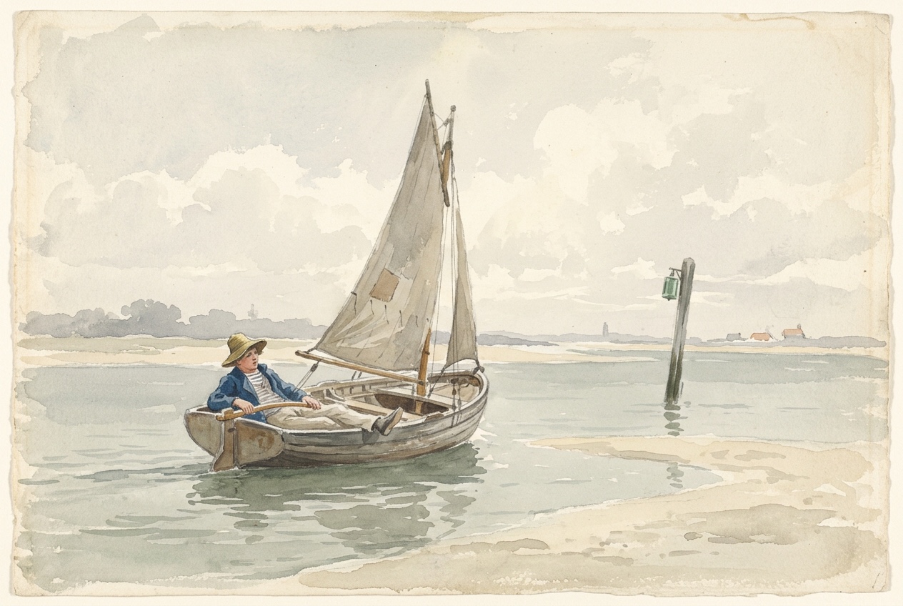 Watercolour of a young sailor reclining at the tiller with his hat over his eyes while his small boat drifts out of the marked channel toward a pale sandbank.