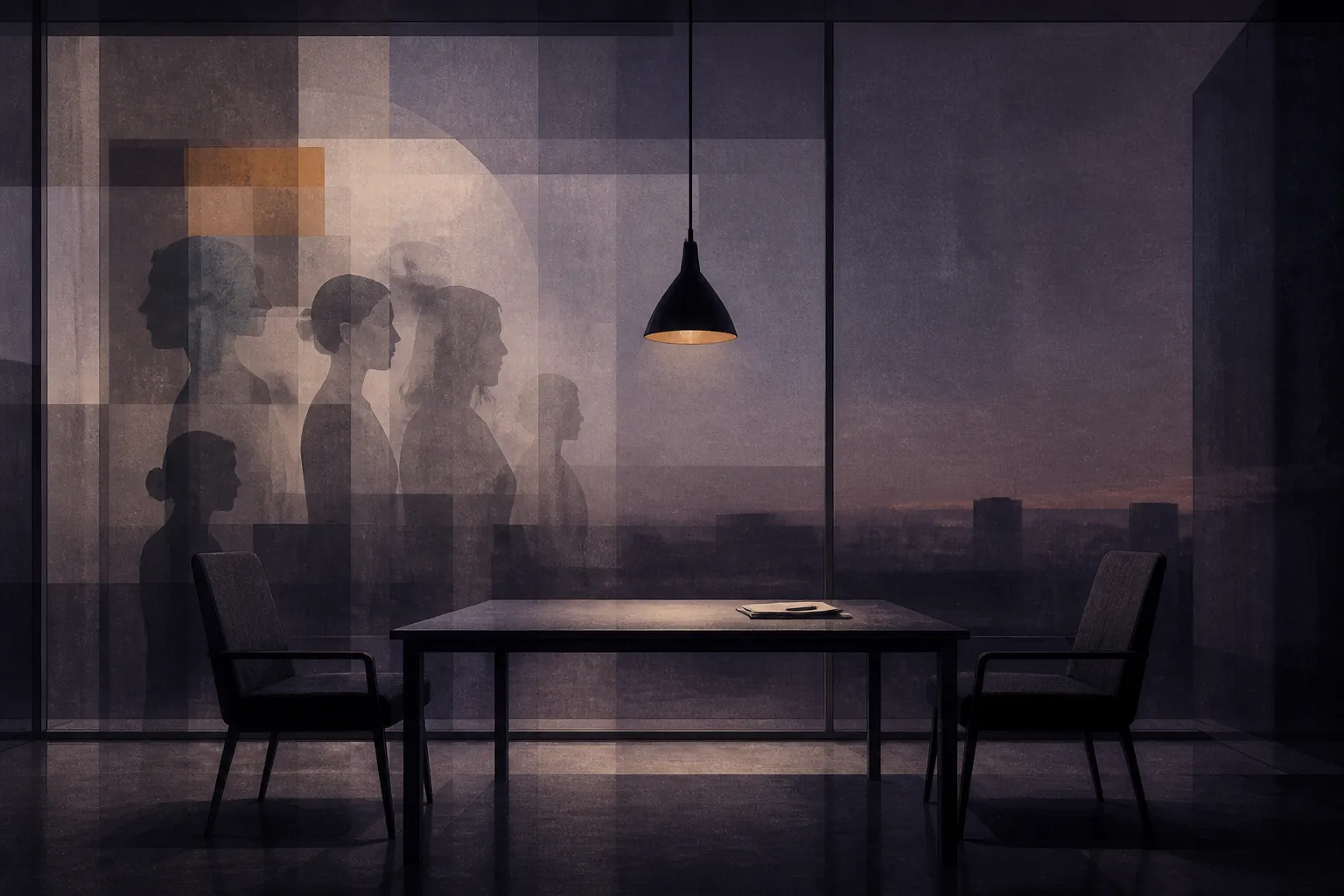 A project-original glass-walled test room with two empty chairs and a table under a lamp, while overlapping human silhouettes appear behind the glass.