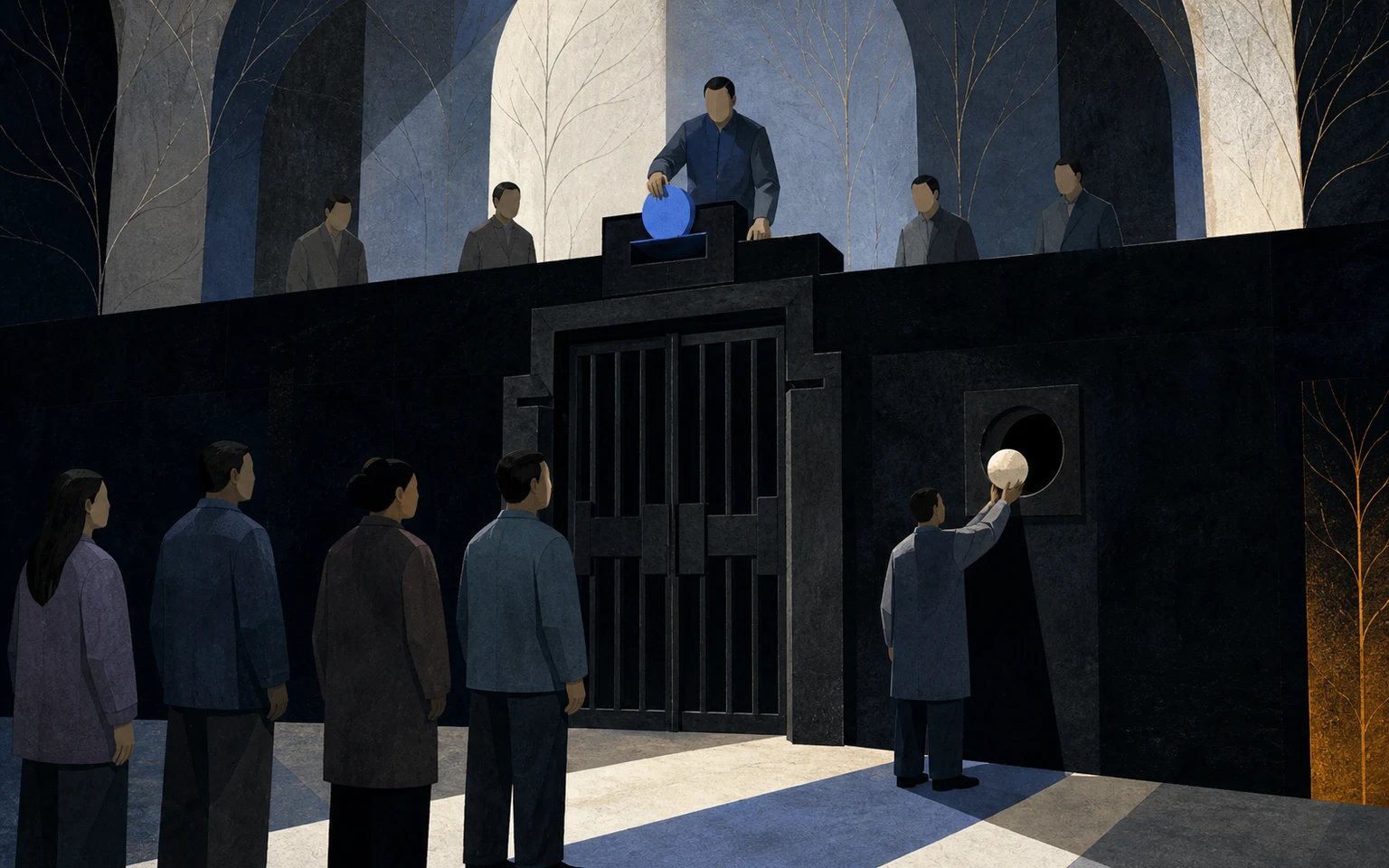 Officials use a blue category token to control a barred gate while people wait below and one person tries a separate appeal opening.