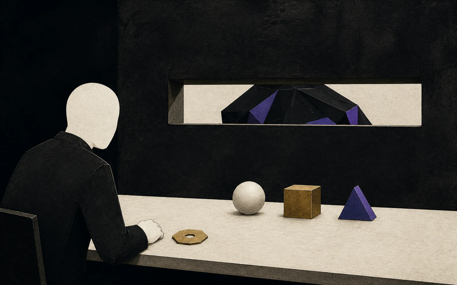 One faceless evaluator studies three outputs through an aperture while a black geometric response core sits beyond the wall.