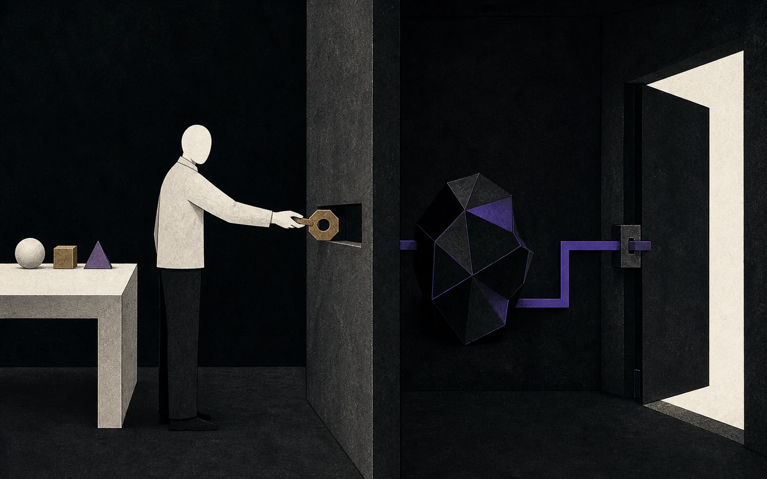 An evaluator passes a brass trust token through the aperture as a hidden violet line opens an outer gate.